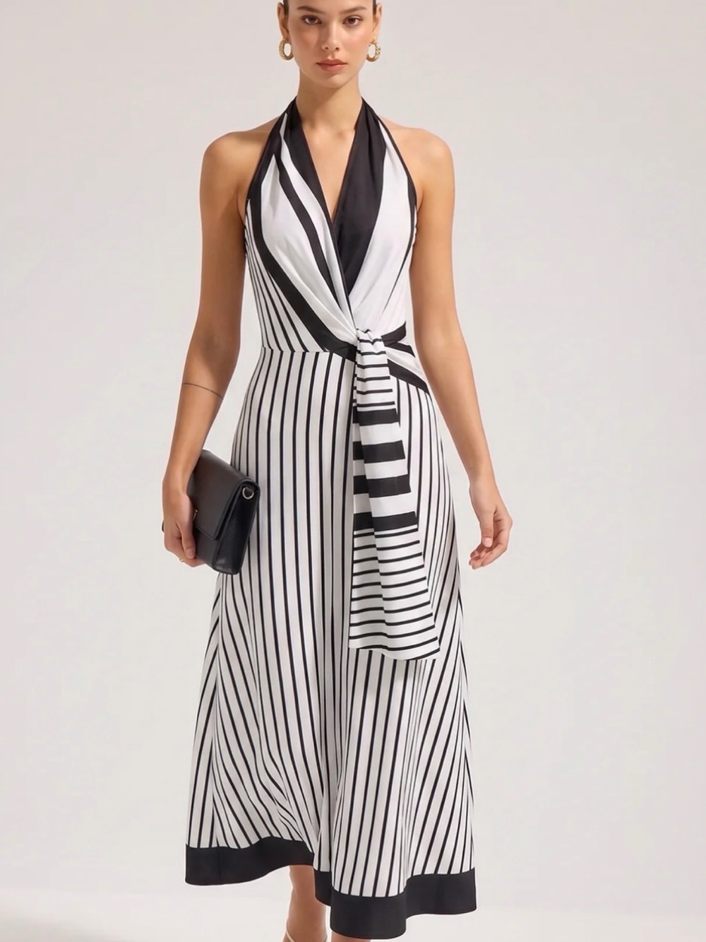Commense Black and White One-Shoulder Striped Midi Dress